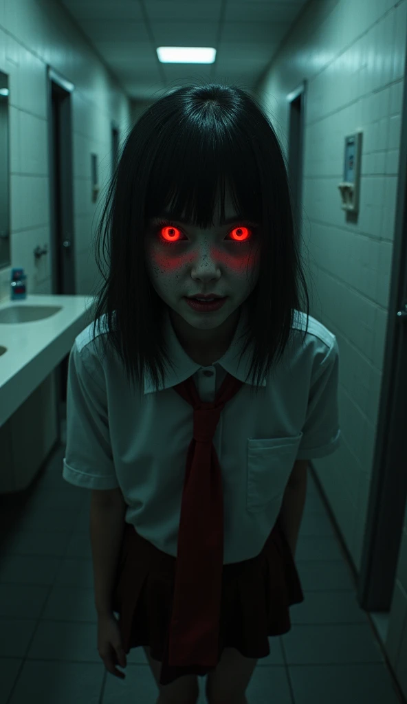 make a horror themed image featuring a demonic red-eyed and creepy face asian girl in student clothes in a dark school bathroom.