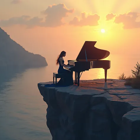 a woman in a dark blue dress sits at a grand piano on a clifftop as the sun rises over the ocean. the sky is filled with warm ye...