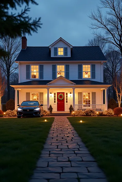 The front of a two-story white house with windows and front door. A lawn with an open two car garage with two cars inside, a 201...