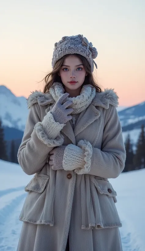 woman, heavy makeup, direct eye contact,  standing on a snowy mountain path, the sky painted with soft pink and orange hues. she...