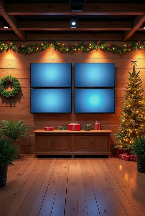 " A rustic TV studio with a Christmas theme , completely empty , without furniture or people . The space must be cozy and warm...