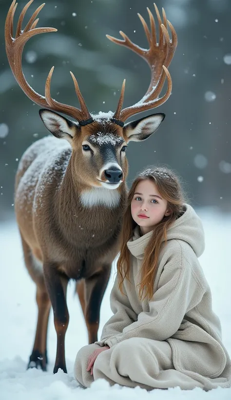 create a very very beautiful unreal beauty uk young 20 year woman sitting with a giant deer on snow, giant deer head touching yo...