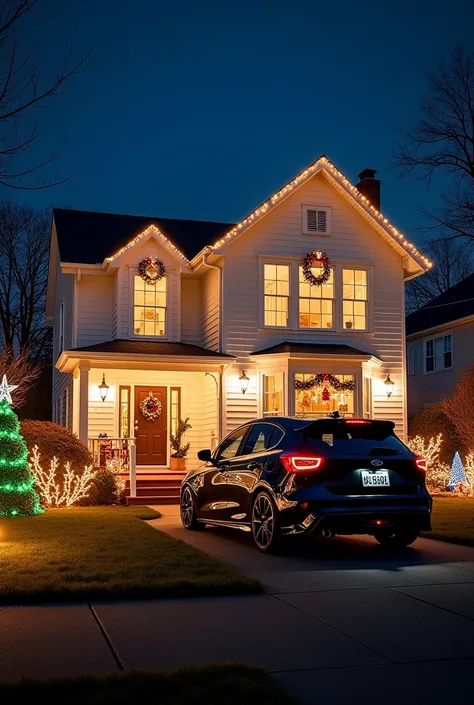 The front of a two-story white house with windows and glass doors in front a lawn with an open garage with two cars inside a bla...