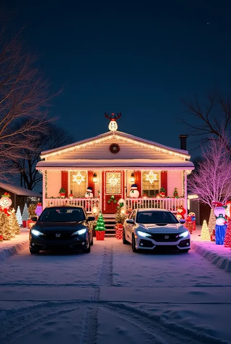 The front of a white double wide trailer in a trailer park. A snow covered front yard with two cars parked in the driveway, a 20...