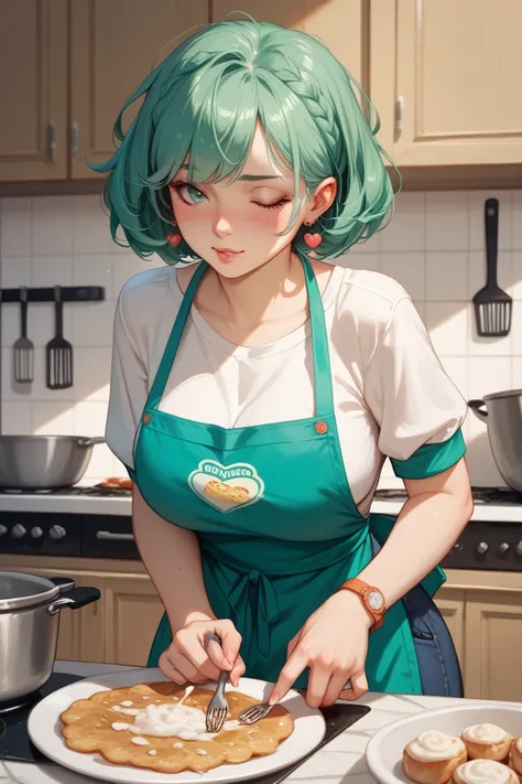 a woman wearing only a kitchen apron as a garment ,  looking at the camera while blushing and farting with a bright green cloud....