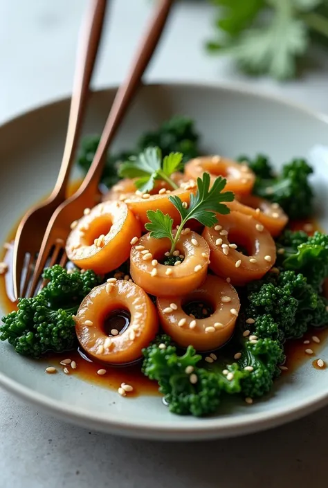 stir-fried squid soy sauce with kale and cutlery