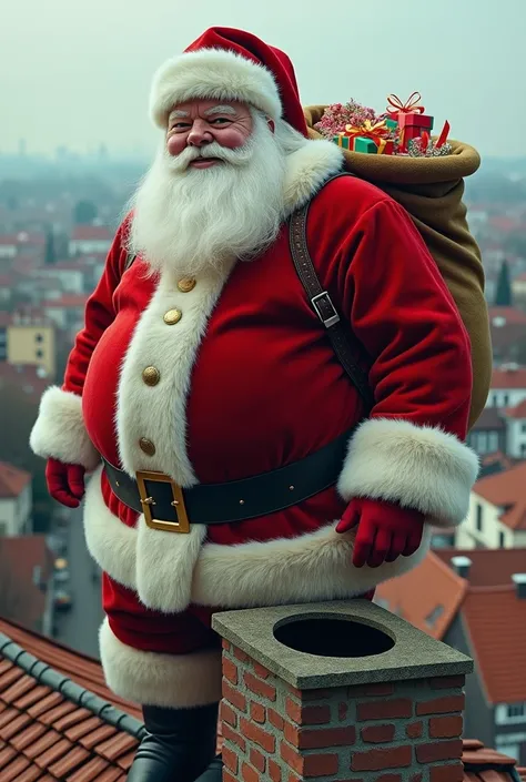 4k, raw photo, ultrarealistic. skyline, rooftops. a big, round santa is stood on the house rooftop ready to deliver presents but...