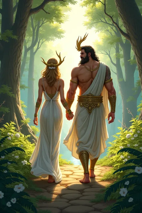 hephaestus and artemis, greek gods, walking, greek forest ,anime