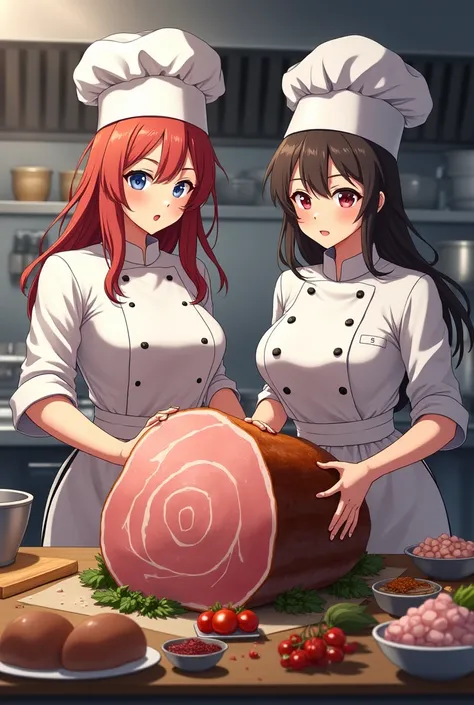 two chef woman anime  cooking  large ham mature  big tits