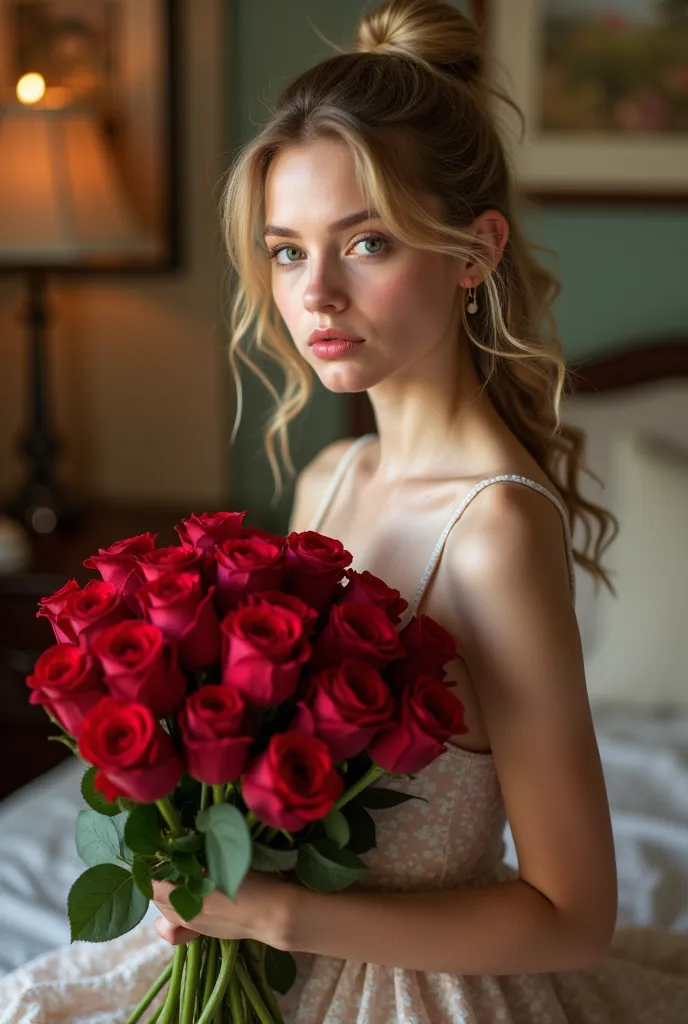 blonde a selfie of a 20-year-old female model in a bedroom. she is wearing a floral dress and has her hair tied up. she is holdi...