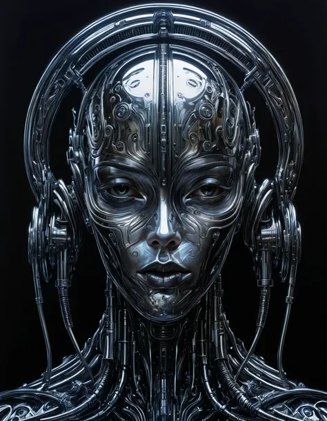 platinum egoiste, hajime sorayama, h.r giger, retro futuristic, biomechanical, cyberpunk, industrial, sci-fi, dark, moody, drama...