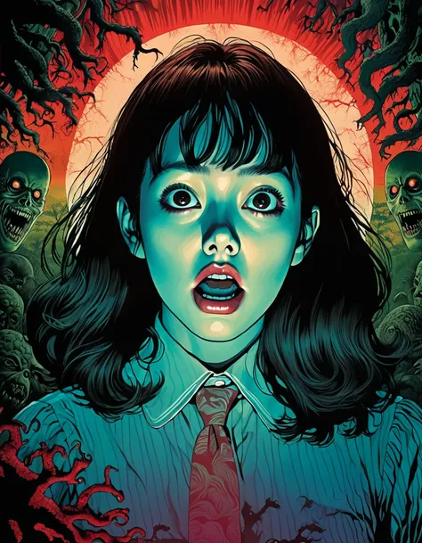 illustrations、art、70s horror movie poster , supervised by junji ito、 high detail, realistic shadows、 analog style ,  color diffe...