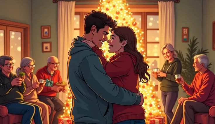 Comic book art style The embraces their parents under a illuminated Christmas tree, while other residents celebrate in the ba...