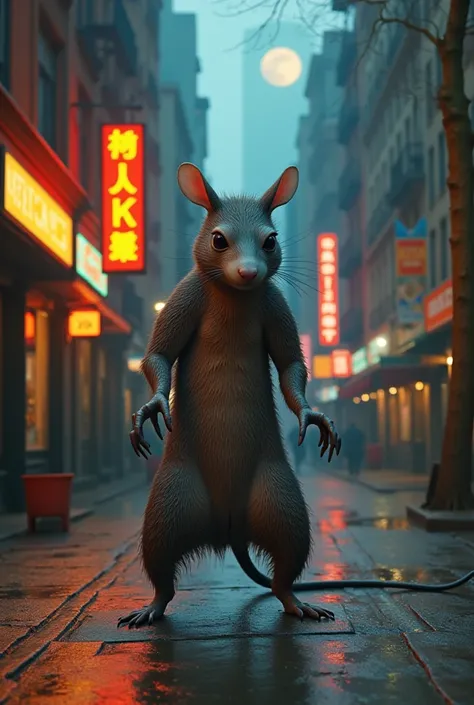 A magnificent scene showcasing a realistic giant rat monster (1.1) standing on a wet pavement in a vibrant New York street at ni...