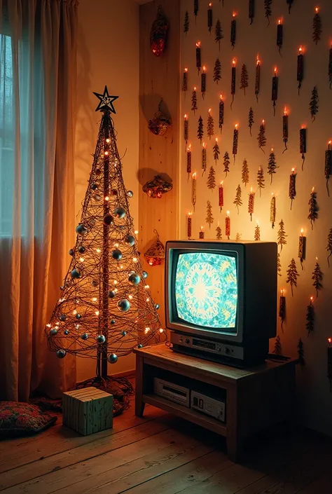 there is a christmas tree made of wire and a television, a portrait inspired by Chiharu Shiota, shutterstock, folk art, decorati...