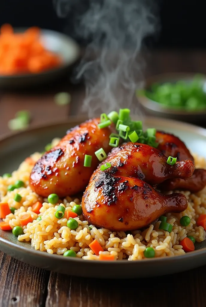 a plate of fried rice & chickens