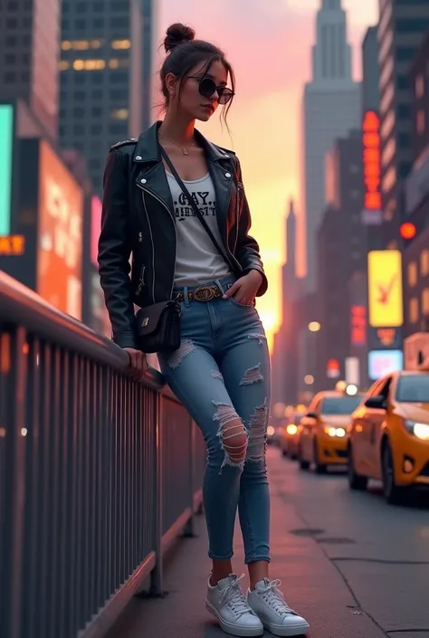 realistic image of a girl in a casual position , wearing modern urban clothing ,  in the heart of new york city .  the girl wear...