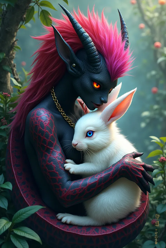 black and red druid snake woman with red eyes cuddling a white bunny with cyan eyes and megenta mohawk