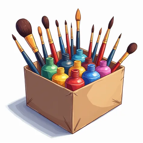 paints and paint brushes are in the box, illustration,  highly detailed ,  white background, 8 k