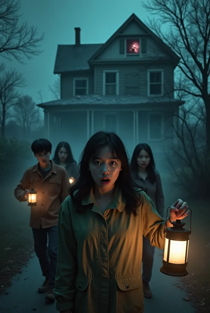 prompt:
"a tense and eerie scene featuring a group of frightened people resembling jungkook, irene, rebecca patricia armstrong, ...