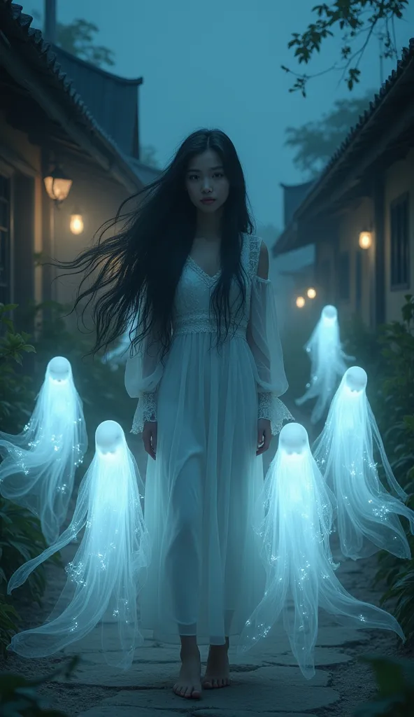 five ghosts cute cute girl with indonesian face long hair beautiful flowing beautiful dark night background village professional...