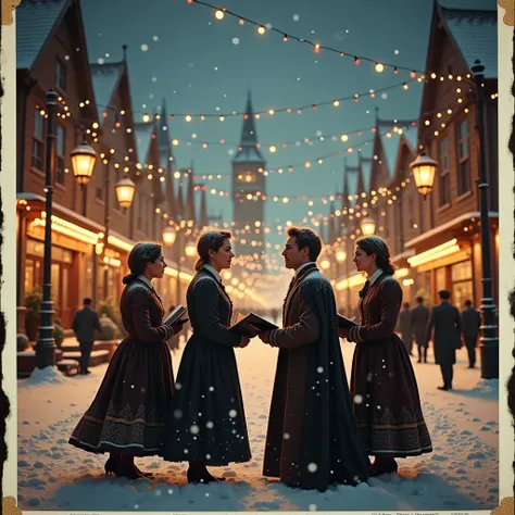 Snowy Village Carolers
The fisheye lens gives the snowy village square a rounded, intimate feel, with carolers in Victorian-era ...