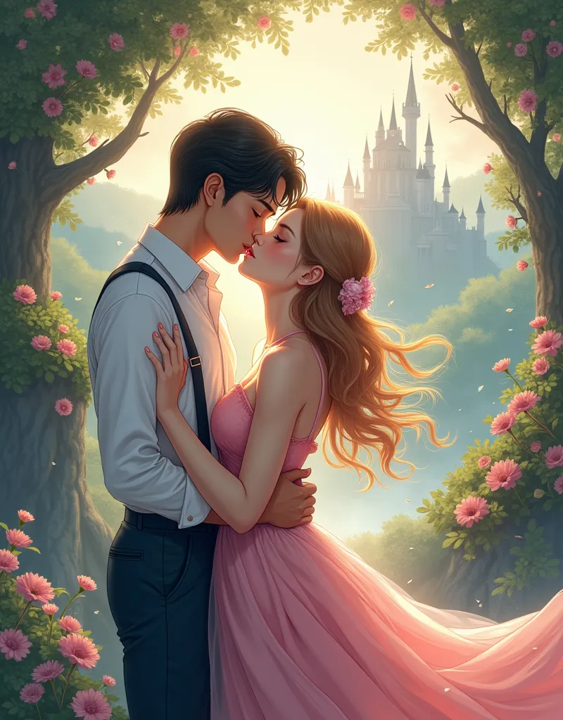 a painting of a man and a woman kissing, manhwa, fairytale artwork, fairy tale style background, disney art, romantic storybook ...