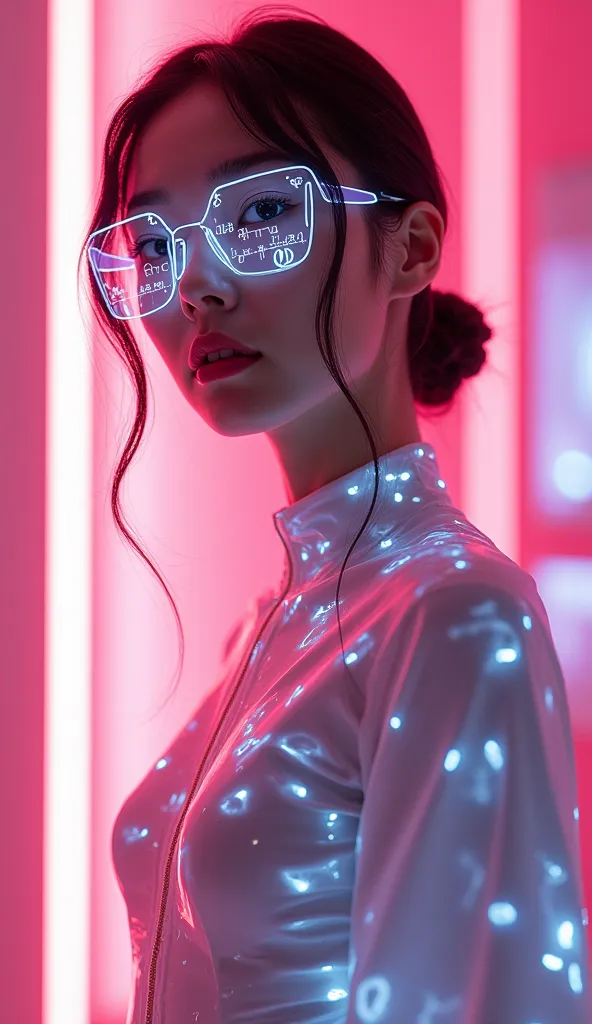 a futuristic scene showcasing how ai seamlessly integrates into daily life. an attractive woman with a calm, focused expression ...