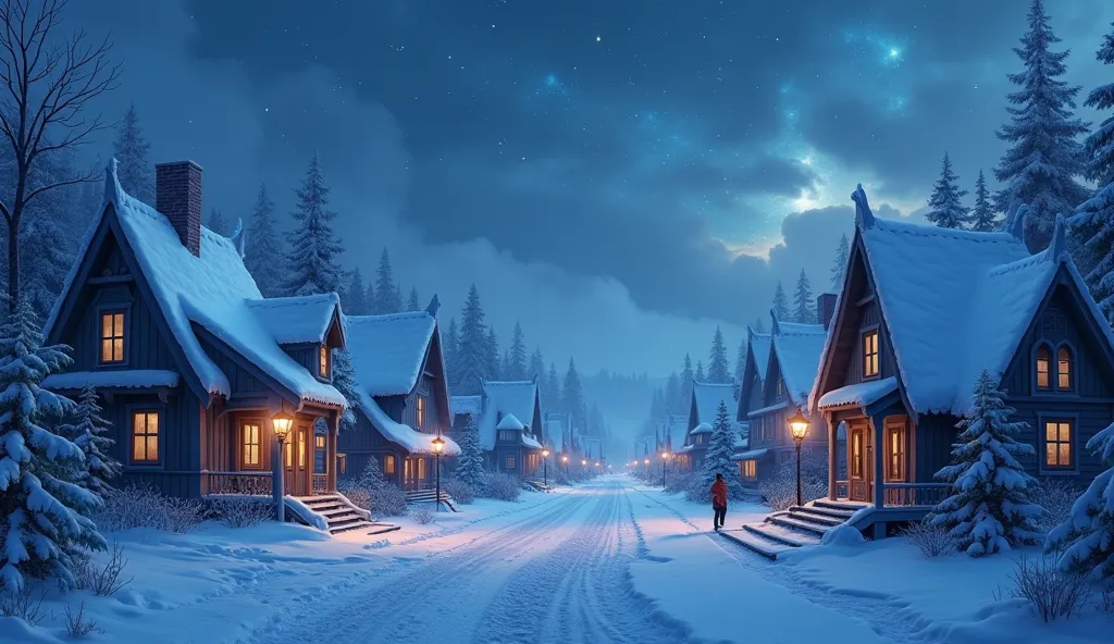 a peaceful winter village at night, houses with snow-covered roofs, empty streets, and a glowing sky full of stars and soft mist...