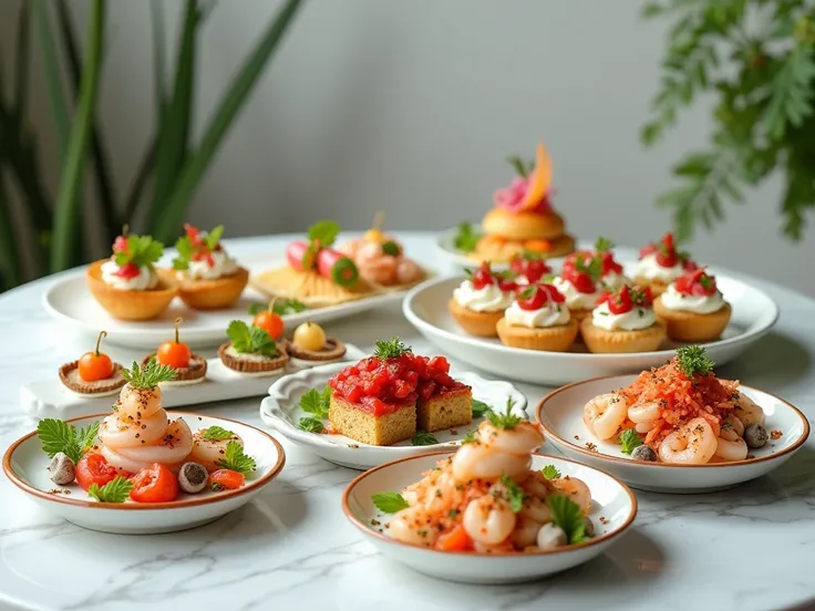 dishes red fish salad ,  shrimp salad ,  canapés of various types with culinary appliances all dishes are fully visible in the p...