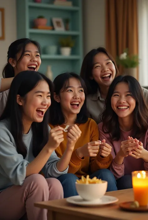 real life photo of group of 5 malay girl at home , laughing, watching korean movie