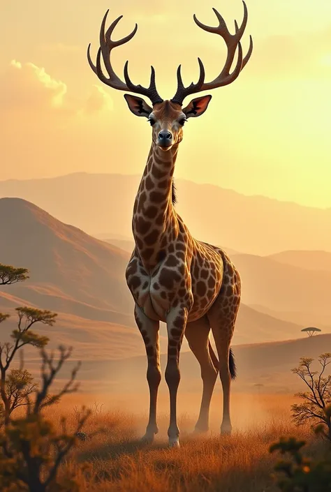 A giraffe with elk skin and elk horns,  with a full body, in Africa