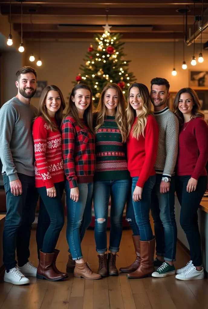 company christmas party group photo indoor casually dressed 7 people side by side from the front