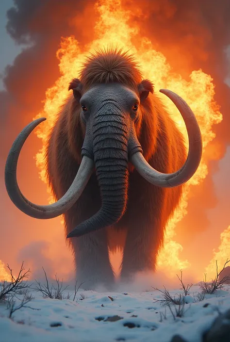 A mammoth is surrounded by fire. is in the snow.