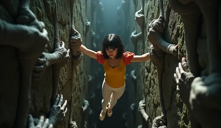 a dramatic cinematic scene inspired by the classic film labyrinth (1986), where the princess is inside a narrow vertical well, s...