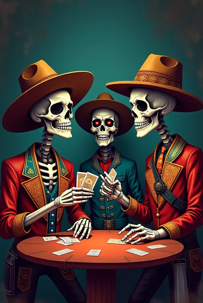 create three calangos from boots and hat and revolvers around the waist playing deck