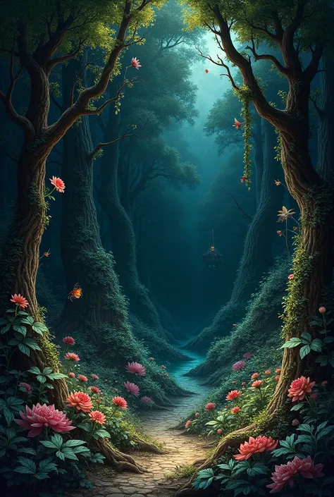 an unrealistic forest with a black background and borders