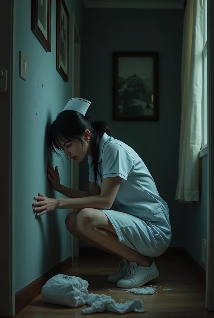 scared nurse in the interior of your house propped up against the wall