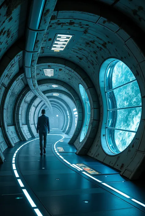 a futuristic, sleek hallway within the aergis zeta-class spaceship, blending organic and mechanical elements. the walls are a fu...