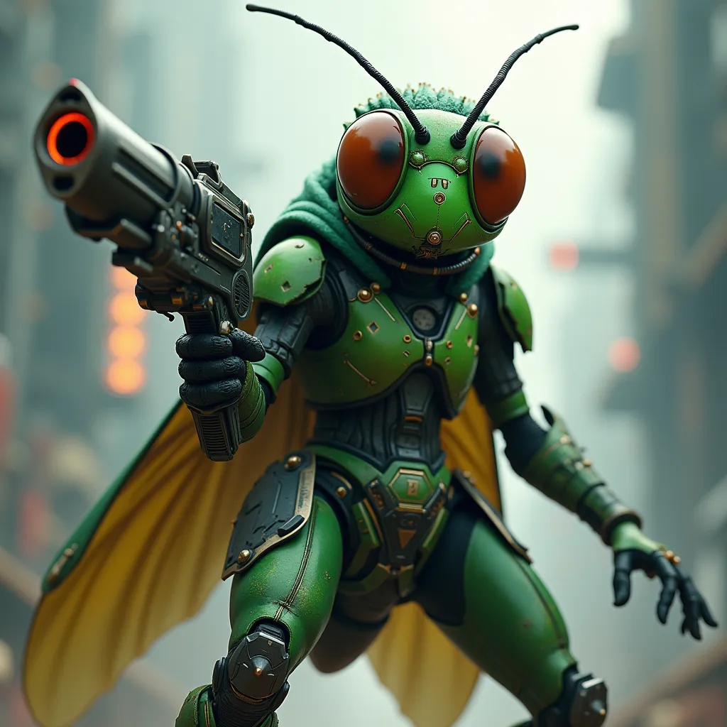 green-headed fly in warrior costume, holding a razor gun