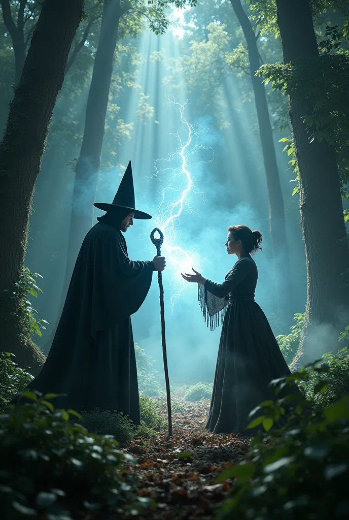 make an image, showing a black wizard ,  fighting madeline a short-haired witch ,  make the dynamic image with lots of dark magi...