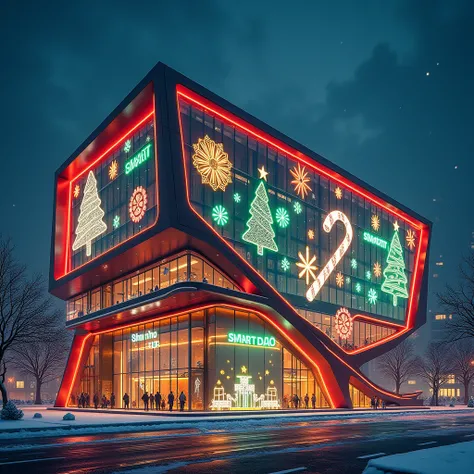 "Create a futuristic smart city hub building infused with a Christmas theme. The exterior features vibrant neon lights in shades...