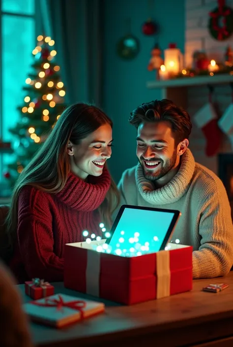 Play two people in a Christmas room with turquoise lights . the two people are very happy and a tablet and a smartwatch come ou...