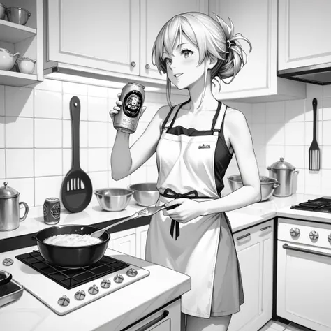 anime girl in the kitchen holding a can of beer and a pot, cooking, cooking it up,  in the kitchen,  キッチンin, detailed cartoon st...