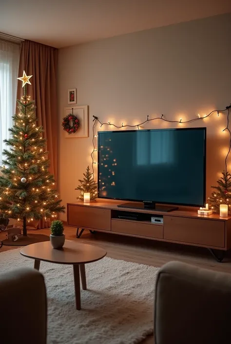 A Hartz IV living room decorated for Christmas with modern television
