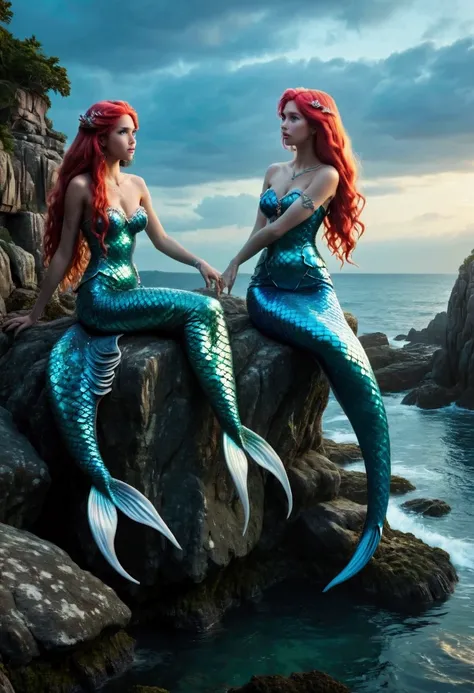 two mermaids are perched on a rocky outcropping, one mermaid is painfully beautiful (cute) and the other is monstrous with large...