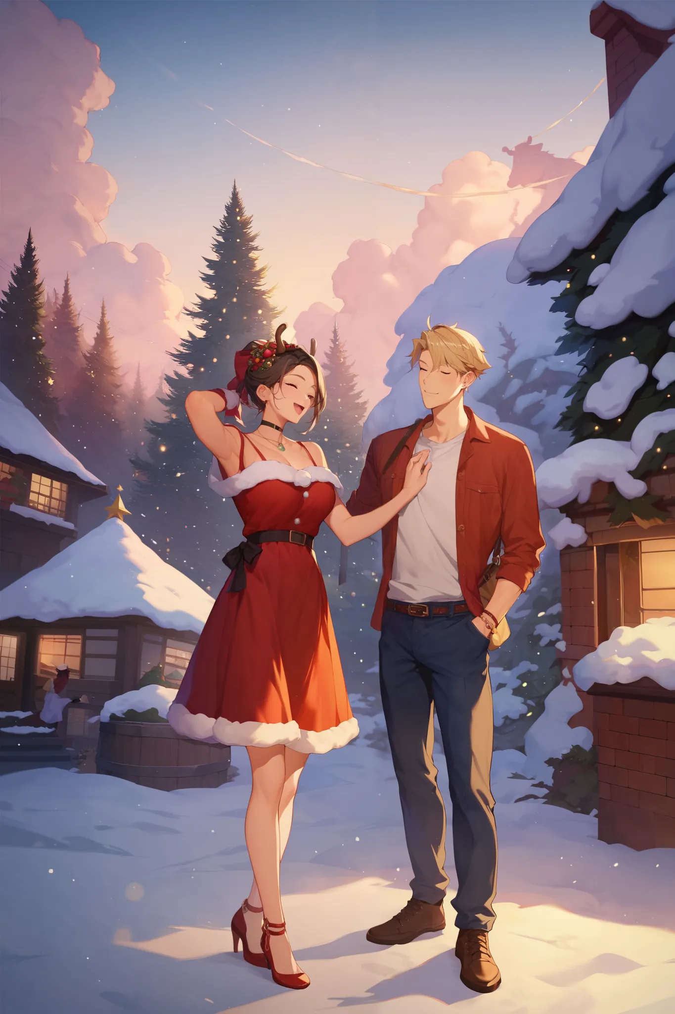 very detailed 、  high resolution 、​masterpiece、sharp focus、  official art  , romantic , christmas   、 casual wear,  บรรยากาศ chr...