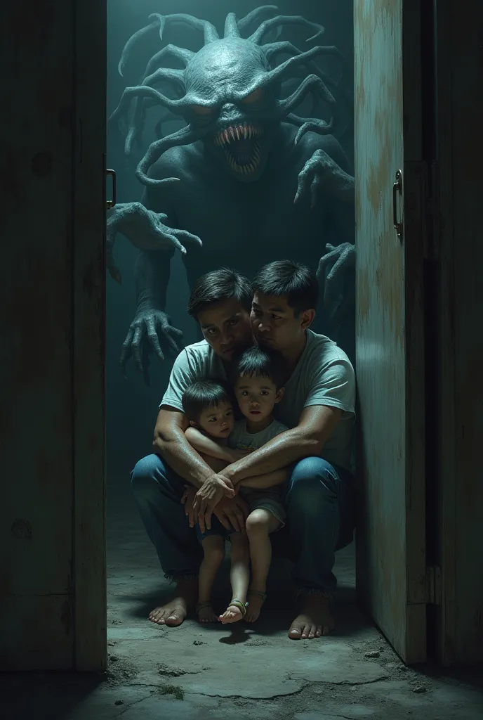 a family (mother, dad, two little brothers )  trapped in a dark room with horrible creatures