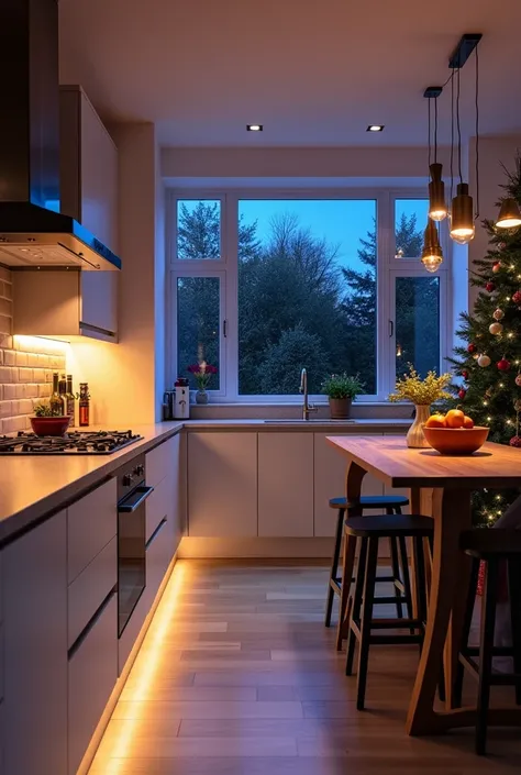 Create a night image of a kitchen with Christmas furniture and decor with colored Christmas lights , in a modern white mansion...