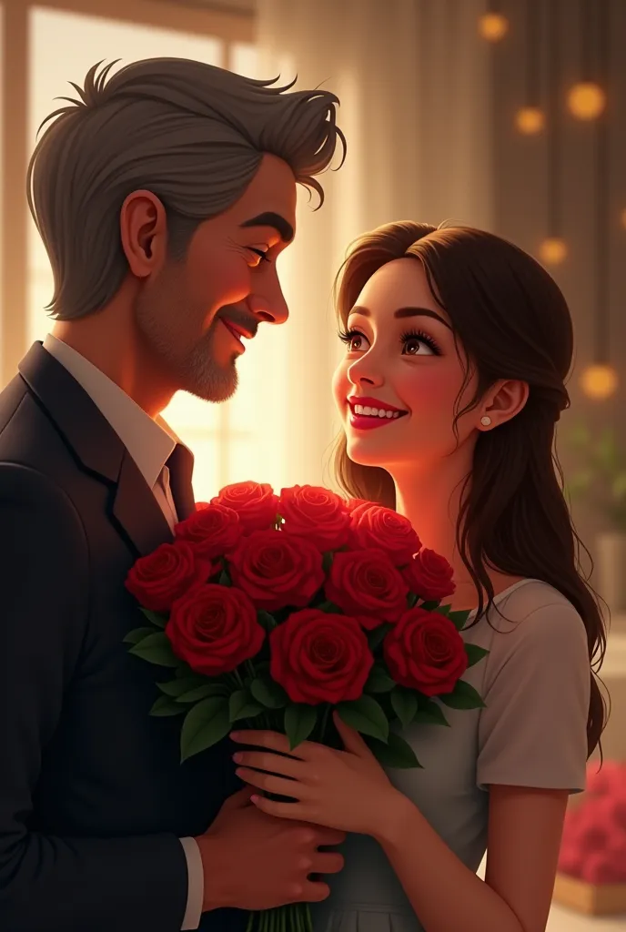 a man brings a bouquet of red roses to his beloved who receives it with a lot of love